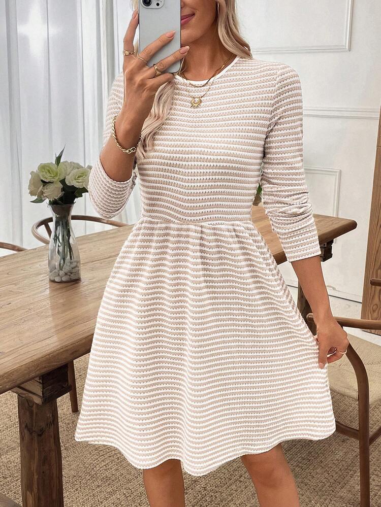 Women's Striped Round Neck Long Sleeve Casual Short Dress Long Sleeve Summer Dress Dress Casual Elegant Dress French Style Dress Cottagecore Dress Cozy Fall And Winter Clothes For Women