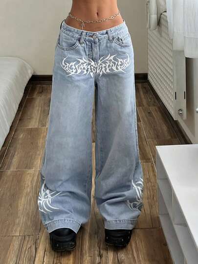 Jeanoix Plus Size Women Gothic Pattern Pocket Wide Leg Loose Casual Jeans
