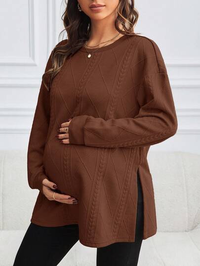 SHEIN Fall Clothes,Autumn Clothes,Maternity Autumn/Winter Clothes Maternity Maternity Casual Everyday Commute Simple Solid Color Dropped Shoulder Loose Slit Hem Cable Knit Sweatshirt, Spring/Autumn Pregnant Clothes Brown Maternity Top Maternity Clothes Fall Winter Maternity Shirts For Women Brown Maternity Blouse Brown Maternity Shirt Brown Blouses For Women Brown Maternity Dress