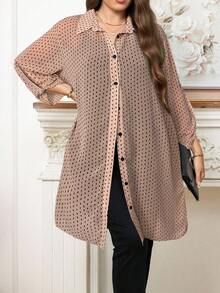 Reflora Camisa holgada de manga larga con estampado completo y botones en la manga para mujer talla grande, para uso casual y diario en primavera/otoño - Rosa - Ver 2