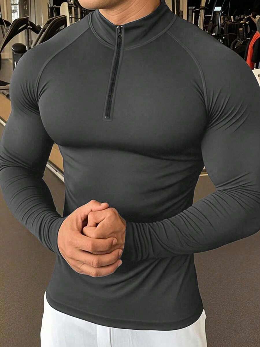 GymBeat 男士纯色半拉链修身长袖运动T恤紧身健身衫男士紧身速干压缩衣无缝运动长袖上衣男士压缩衣,轻便 - 深灰色 - 查看 1