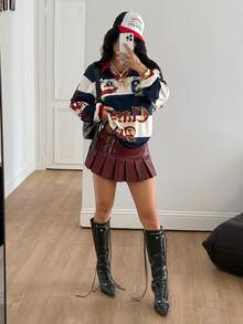 Coolane Women's Fall/Winter Cool Going Out Streetwear Y2K Striped Graphics Sport Loose Long Sleeve Polo T-Shirt - Navy Blue - View 4