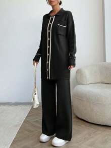 EURMUSE Women Pocket Detailed Front Button Collar Neck Drop Shoulder Cardigan & Sweater Pants Set - Black and White - View 6