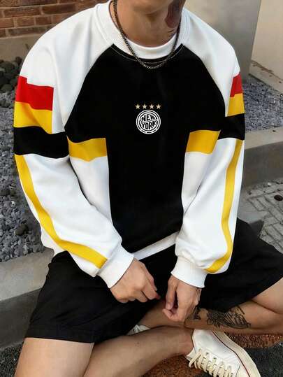 Aesthetic Post Sudadera deportiva casual con mangas raglán y bloques de color para hombres, ropa deportiva, sudadera de manga larga con cuello redondo de estilo callejero Y2K, otoño