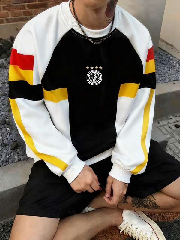 Manfinity Sporsity Sudadera deportiva casual con mangas raglán y bloques de color para hombres, ropa deportiva, sudadera de manga larga con cuello redondo de estilo callejero Y2K, otoño