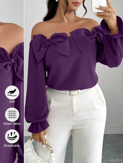Elenzga Blusa elegante con hombros descubiertos y lazo para mujer de talla grande