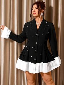 Cravure 女士加大码修身披肩领拼接荷叶边优雅商务西装外套装饰珍珠连衣裙 - 黑與白 - 查看 6