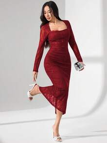 Modelyn Square Neck Lace Long Sleeve Fitted Midi Dress For Women - Burgundy - View 6