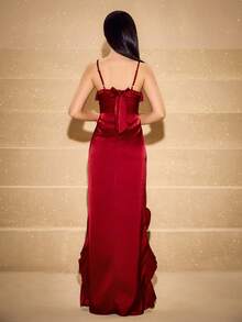 Satin Slip Dress With Ruffle Hem And Square Neck, High-End Fitted Silhouette, Long Length, Suitable For Weddings, Galas, Birthdays, Proms, Graduations, Christmas, Halloween - Burgundy - View 2