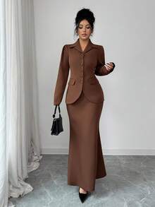 Selianne Completo da donna con design senza schienale e lacci, colore unito, adatto per autunno/inverno - Caffè Marrone - Visualizzare 7