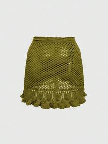 ROMWE Falda de punto calada de verano, casual y de vacaciones para mujer - Verde Oscuro - Ver 2
