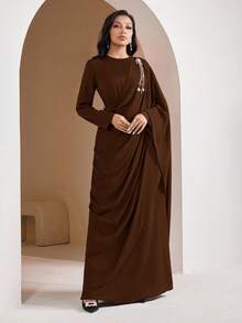 Veilorie Women's Rhinestone Decor Round Neck Pleated Elegant Arabic Style Dress - Mocha Brown - View 5