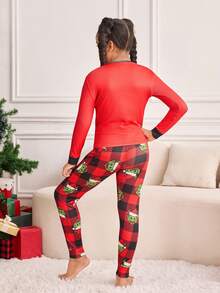SHEIN CASUAL Tween Girls Christmas Cute Monster Print Pajama Set, Mommy And Me Matching Outfits (2 Sets Sold Separately), Skinny Fit - Red - View 3