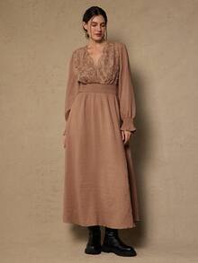 SHEIN VCAY 大码休闲卡其色蕾丝拼接收腰长袖连衣裙，适合秋冬女士 - 卡其色 - 查看 7