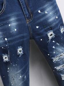 Manfinity Homme Men's Distressed Pocket Contrast Color Casual Versatile Streetwear Denim Jeans - Dark Wash - View 5