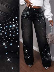 Slaydiva Women's Rhinestone Pocket Wide Leg Loose Casual Jeans