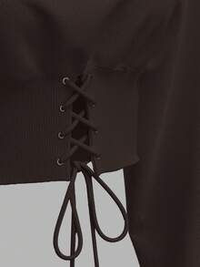 SHEIN EZwear 白色针织女士卫衣，长袖上衣，秋冬季棕色卫衣，棕色短款卫衣，短款卫衣，短款卫衣，深棕色上衣，短款卫衣，女士棕色短款上衣 - 棕色 - 查看 5