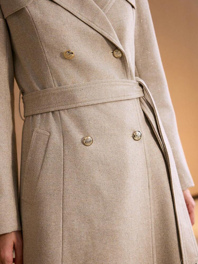 WOOL FALL WINTER LAPEL COLLAR DOUBLE BREASTED PLACKET BELTED LONGLINE OVERCOAT