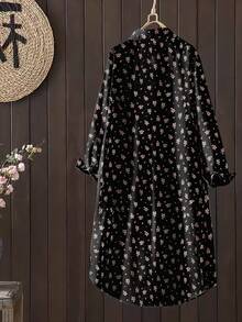 Linhara Plus Size Floral Print Front Button Casual Versatile Long Sleeve Dress - Black - View 2