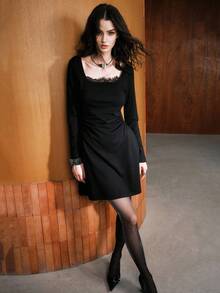 Airlisse 女士秋冬蕾丝方领收腰 A 字短款连衣裙，优雅派对性感连衣裙 - 黑色 - 查看 4