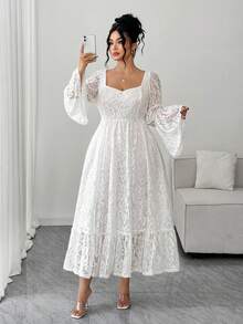 Elenzga Vestido de mujer talla grande con cuello cuadrado de encaje y mangas acampanadas, elegante para citas - Blanco - Ver 6