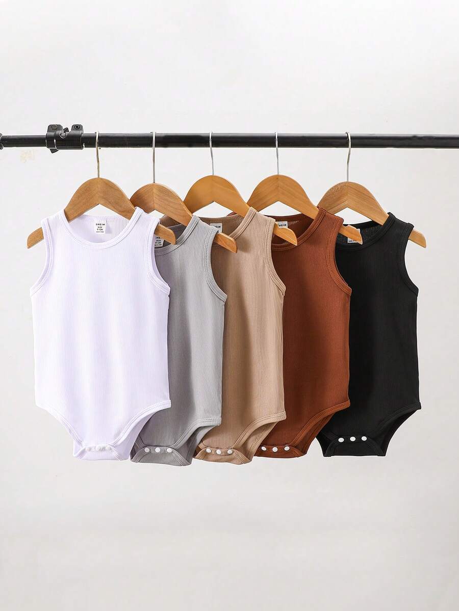 SHEIN Playful Pals 5件套新生男宝宝可爱暖色调连体衣,适合外出、度假、节日、春夏穿着 - 彩色 - 查看 1