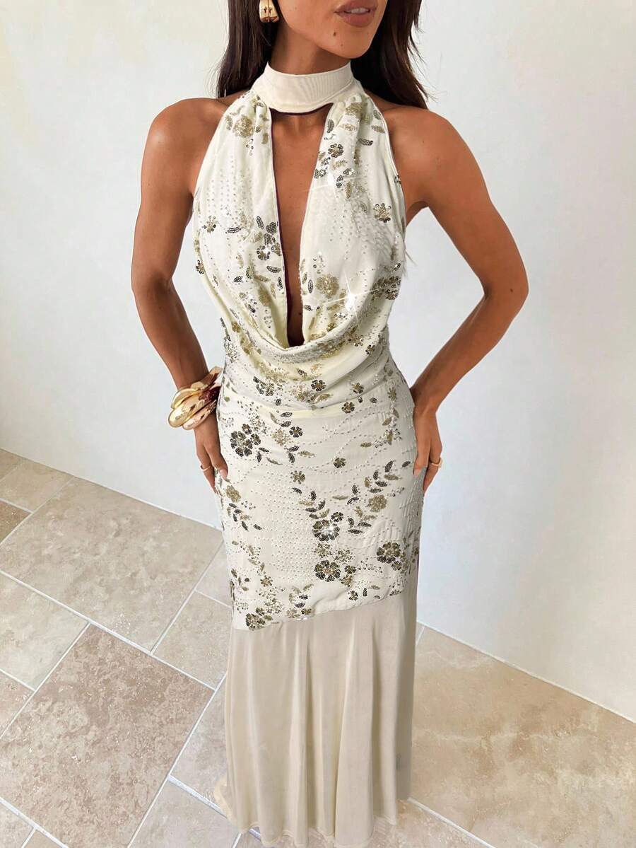 Aloruh 女士派对连衣裙、约会连衣裙、下午茶连衣裙、米色荷叶边领结连衣裙、亮片连衣裙、超长连衣裙 - 米色 - 查看 1