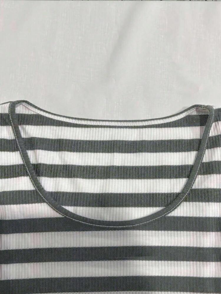 SHEIN MOOSTA Women's Casual Striped Round Neck Cropped Fitted Long Sleeve Top, Autumn - Dark Grey - View 6