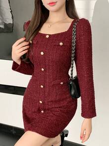 DAZY 优雅纹理纽扣装饰方领女士迷你连衣裙，秋季圣诞