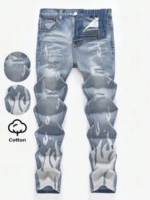 SHEIN 青少年男孩 Bolty 时尚休闲 Y2k 复古酷炫街头火焰图案设计蓝色牛仔弹力紧身牛仔裤，适合日常穿着、秋冬季节、锐舞派对和街头服饰。 - 藍色 - 查看 7