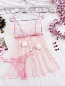 SHEIN 2件套圣诞植绒波尔卡圆点拼布睡袍套装 - 藕粉色 - 查看 7