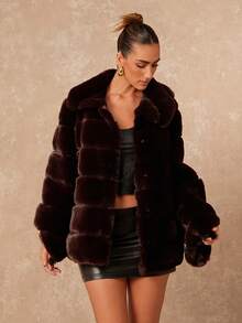 Lumalex حزام خصر كبير مزخرف بخطوط من فرو الأرنب الاصطناعي، معطف فرو اصطناعي مشدود الخصر للنساء