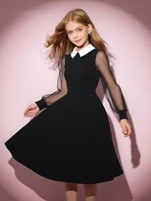1pc Girls Wednesday Shirt Collar Black Mesh Patchwork Long Sleeve Dress, Mesh Puff Sleeve Dress, Autumn (Dress Only) - Black - View 10