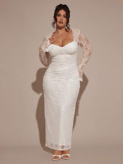 SHEIN BAE Vestido de manga larga de encaje para mujer de talla grande, vestido elegante