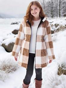 1 件女童格子双面羊毛夹克，腰部抽绳，休闲百搭，适合秋冬外出、购物、通勤、度假 - 咖啡棕 - 查看 3