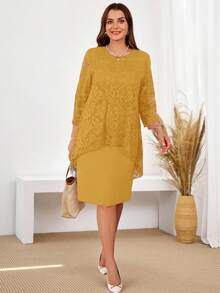 EMERY ROSE 大码女式圆领长袖蕾丝拼接弧形下摆双层优雅派对红色新年连衣裙，女士冬装，情人节 - 黃色 - 查看 5