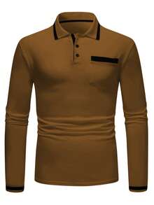 Manfinity Homme 男士休闲撞色滚边纽扣半开襟贴袋长袖 Polo 衫，秋季金色男士衬衫，男士休闲上衣，男士棕色上衣，男士卡其色衬衫，男士长袖 Polo 衫 - 鏽棕色 - 查看 3