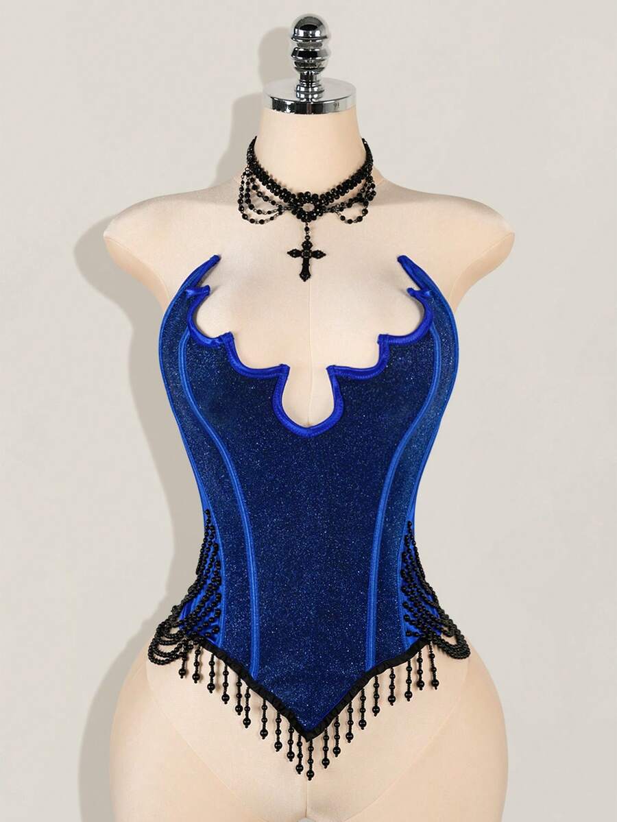 SHEIN ICON Áo crop top hình xương cá dơi phong cách Halloween dành cho nữ - Màu xanh lam - Xem 1