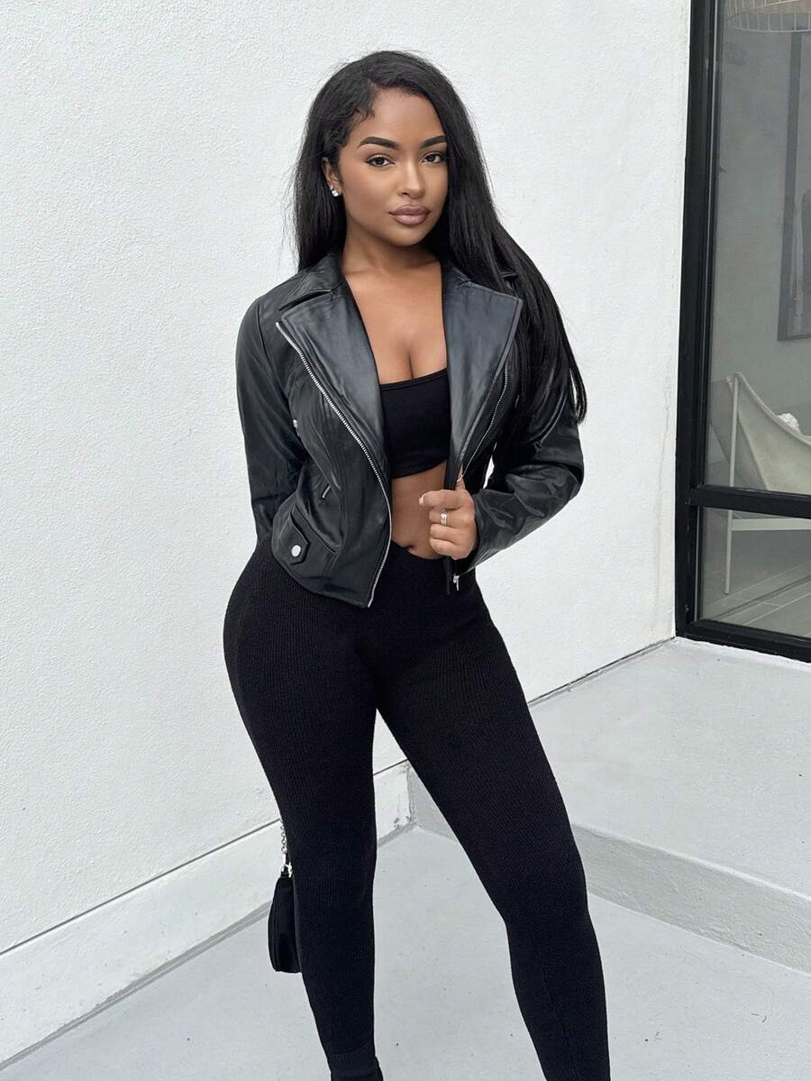 Alexandranx 拉链 PU 皮革机车夹克 - 黑色 - 查看 1