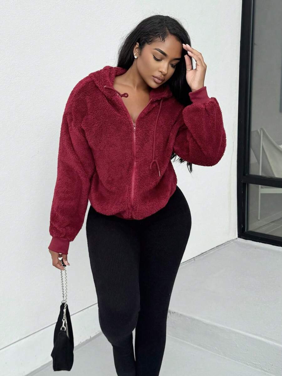 Alexandranx Women's Solid Color Fluffy Hooded Sweatshirt Sweatshirt, Warm Thick Fleece Hoodies For Ladies, Autumn/Winter , Fall,Long Sleeve Tops Graduation,Back To School Outfits,Graduation,Teacher Outfits For Women,Back To School - Burgundy - View 1