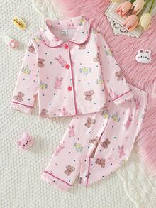 Baby Girl 2pcs Pajamas Set, Cute Rabbit & Bear Print Pink Long Sleeve Top And Casual Pants, Sleepwear - Pink - View 4