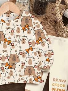 SHEIN Happikins 2pcs/Set Young Girl Casual Cute All-Over Print Drop Shoulder Loose Crew Neck Long Sleeve Sweatshirt And Contrast Color Leggings, Autumn/Winter