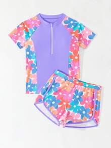 SHEIN Girls' Solid Color & Floral Print Patchwork Sleeveless Tankini Top - Purple - View 5