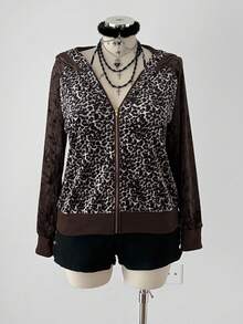 Áo sweatshirt nữ cỡ lớn Sunspun kiểu vintage punk/Y2K gợi cảm với họa tiết da báo, phối họa tiết thoi kim cương, viền gấu bằng nhung gân, khóa kéo, thích hợp cho mùa thu/đông. - Nhiều màu - Xem 5