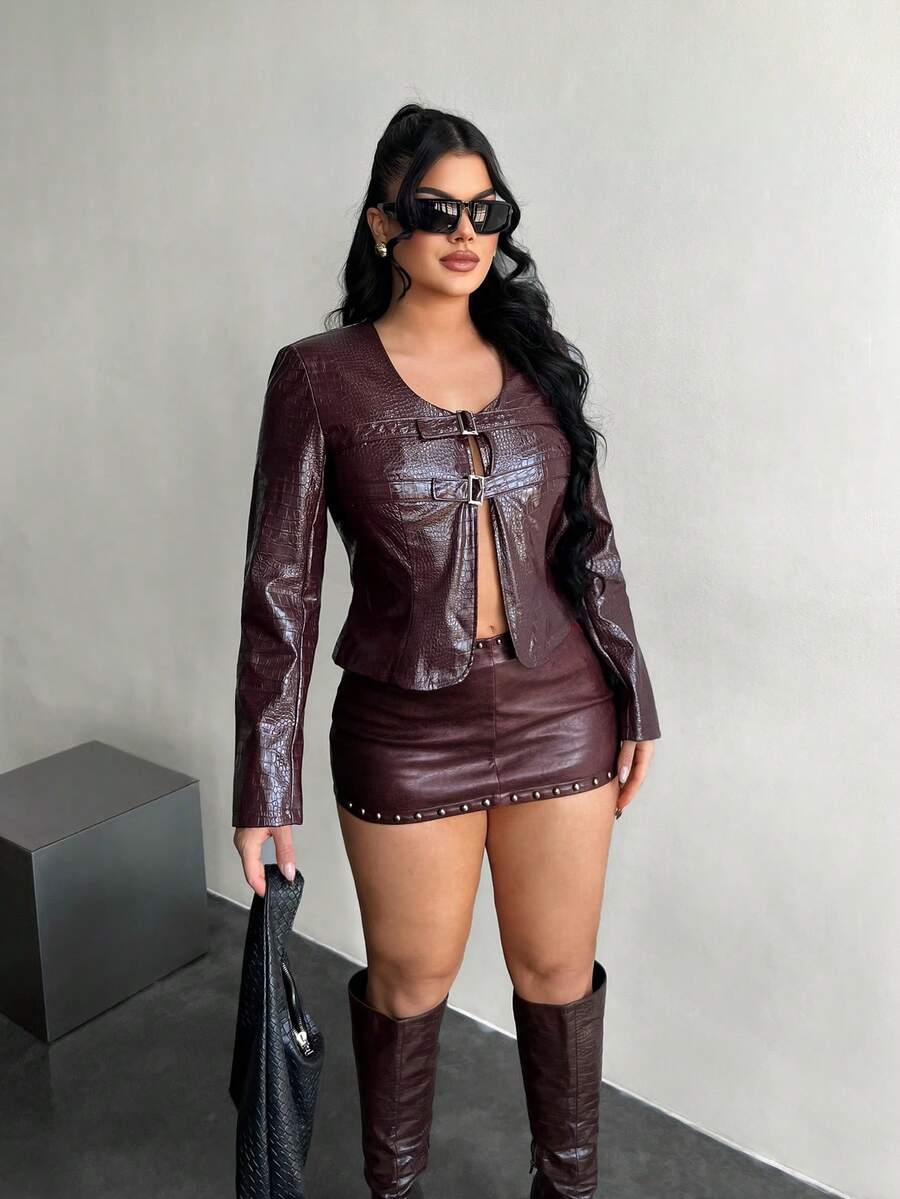 SHEIN SXY Jaqueta de Couro Vinho de Abotoamento Duplo, Outono/Inverno - Vinho - Visão 1