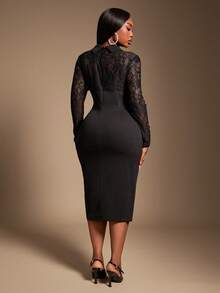 SHEIN SXY Abito midi nero da donna con colletto a camicia, decorazione con bottoni e inserti in pizzo, maniche lunghe, adatto per l'autunno/inverno, taglie comode - nero - Visualizzare 2