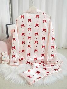 2pcs/Set Teen GirlElegant Plaid Satin Fabric Cardigan & Pants Casual Comfortable Pajamas - Pink - View 2