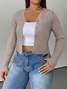 SHEIN EZwear 加大码轻质针织空调开衫 - 卡其色 - 查看 1