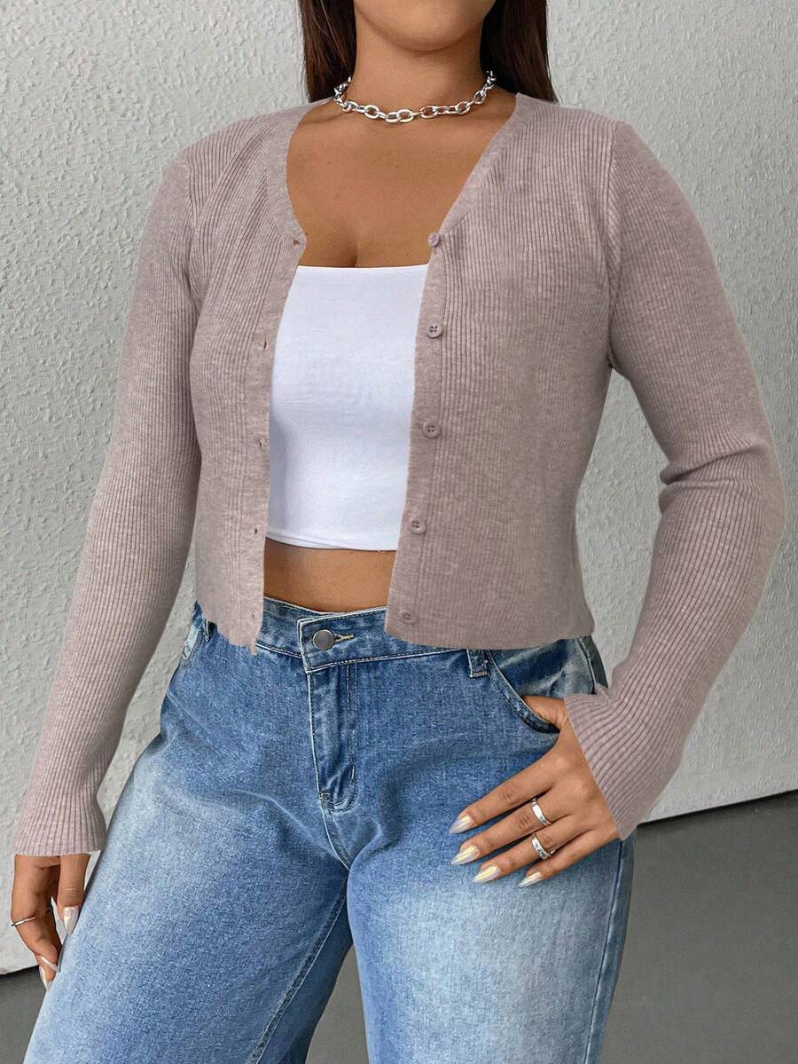 SHEIN EZwear 加大码轻质针织空调开衫 - 卡其色 - 查看 1