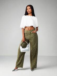 MISSGUIDED Jeans de tiro alto y pierna ancha con tachuelas de color verde oliva para mujeres, pantalones decorados con metal de moda - Verde - Ver 3